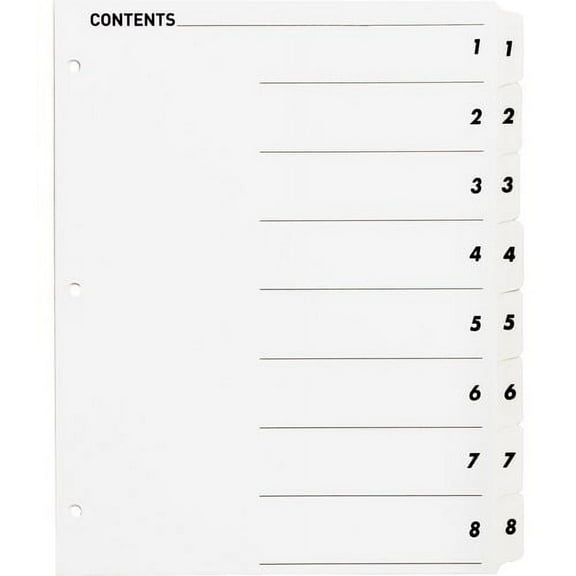 Business Source Table of Content Quick Index Dividers - Printed Tab(s) - Digit - 1-8 - 8 Tab(s)/Set - 8.5" Divider Width x 11" Divider Length - 3 Hole Punched - White Divider - | Bundle of 10 Sets