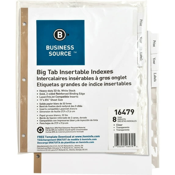 Business Source Tear-resistant Clear Tab Index Dividers - 8 Tab(s) - 8.5" Divider Width x 11" Divider Length - Letter - White Divider - Clear Tab(s) - 8 / Set | Bundle of 5