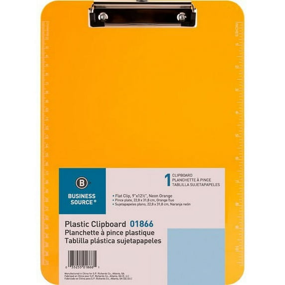 Business Source Transparent Plastic Clipboard - 9" x 12" - Low-profile - Plastic - Neon Orange - 1 Each | Bundle of 10 Each