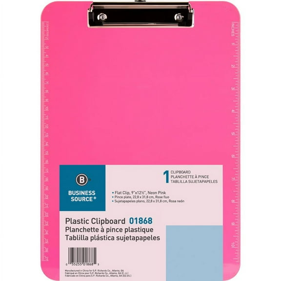 Business Source Transparent Plastic Clipboard - 9" x 12" - Low-profile - Plastic - Neon Pink - 1 Each | Bundle of 5