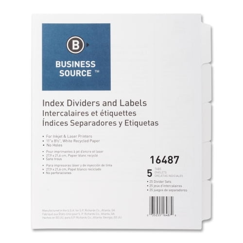 Business Source Un-punched Index Dividers Set - 5 x Divider(s) - Blank Tab(s) - 5 Tab(s)/Set - White Divider - White Tab(s) - Recycled - Unpunched - 25 / Box Business Source Un-punched Index Dividers Set - 5 x Divider(s) - Blank Tab(s) - 5 Tab(s)/Set - White Divider - White Tab(s) - Recycled - Unpunched - 25 / Box