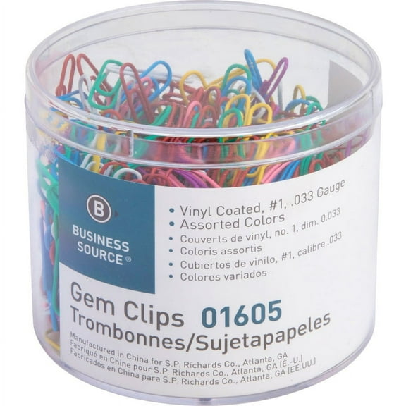 Business Source Vinyl-coated Gem Clips - Small - No. 2 - for Paper - Rust Resistant - 500 / Box - Assorted | Bundle of 2 Boxes