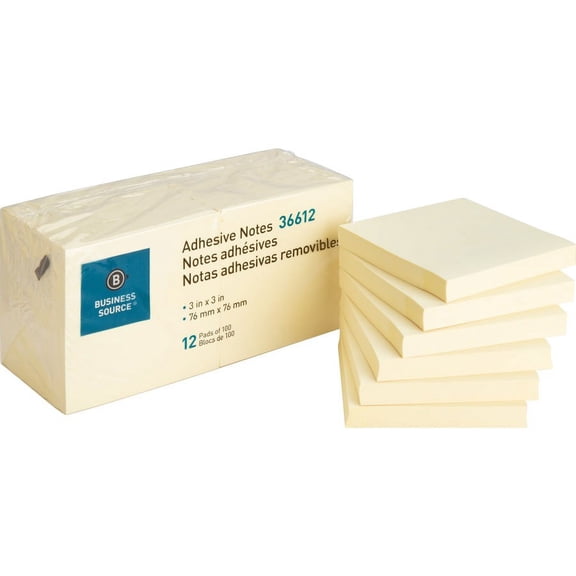 Business Source Yellow Repositionable Adhesive Notes - 3" x 3" - Square - Yellow - Repositionable, Solvent-free Adhesive - 12 / Pack | Bundle of 2 Packs