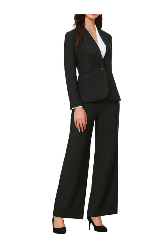Business Suit for Women's 2 Piece Collarless Matching Set Work Outfit Blazer and Pants Sets M Black