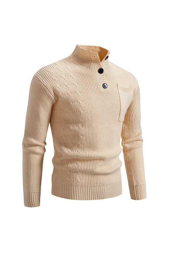 Business Work Sweaters for Men with Pocket and Button Mock Neck Sweatshirts Long Sleeve Stretchy Slim Pullover Knitted Basic Warm Sweater Shirts