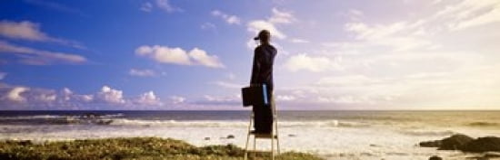 Businessman Standing On A Ladder And Looking Through Binoculars California USA Canvas Art - Panoramic Images (36 x 12)