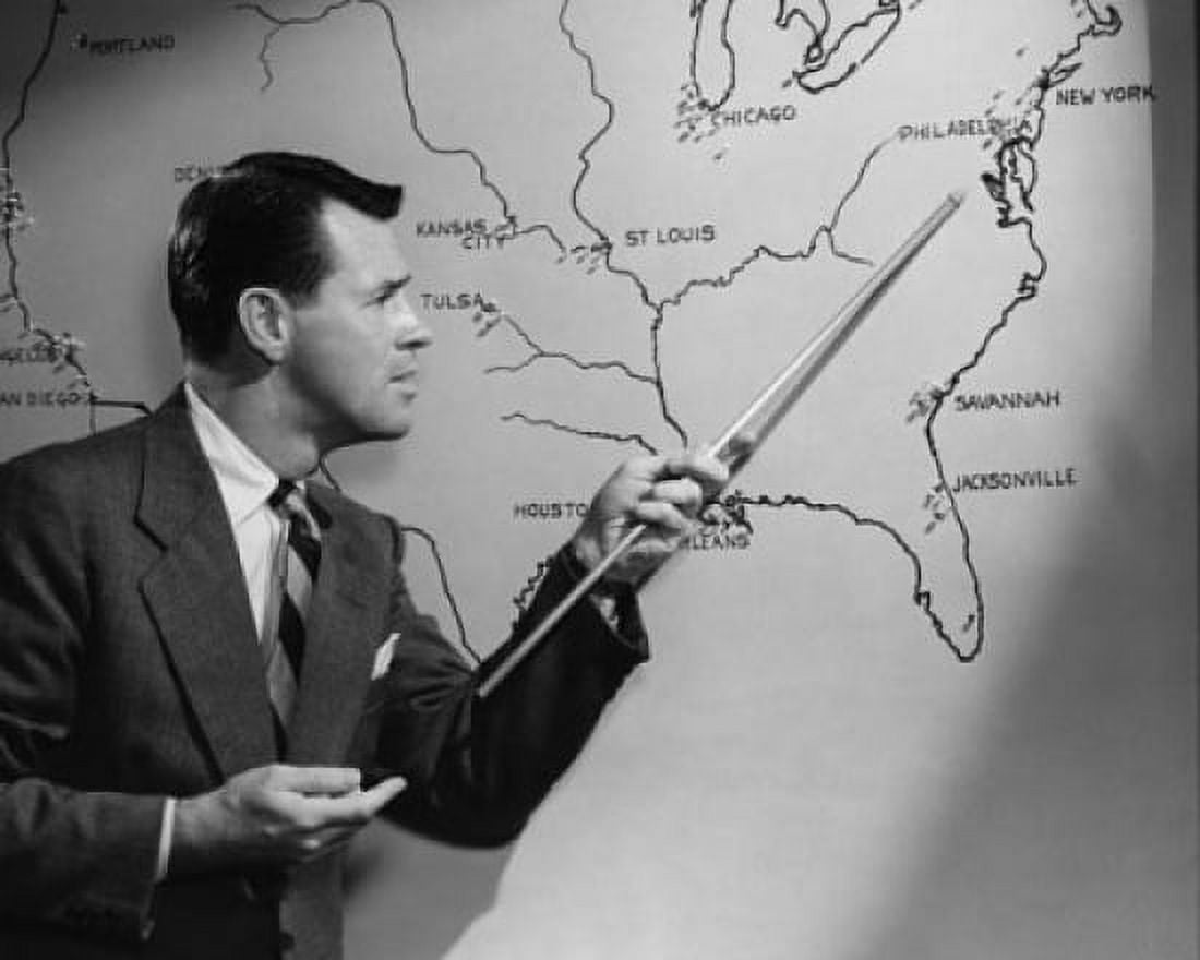 Businessman pointing with a pointer stick on the map of USA during a presentation Canvas Art - (18 x 24)