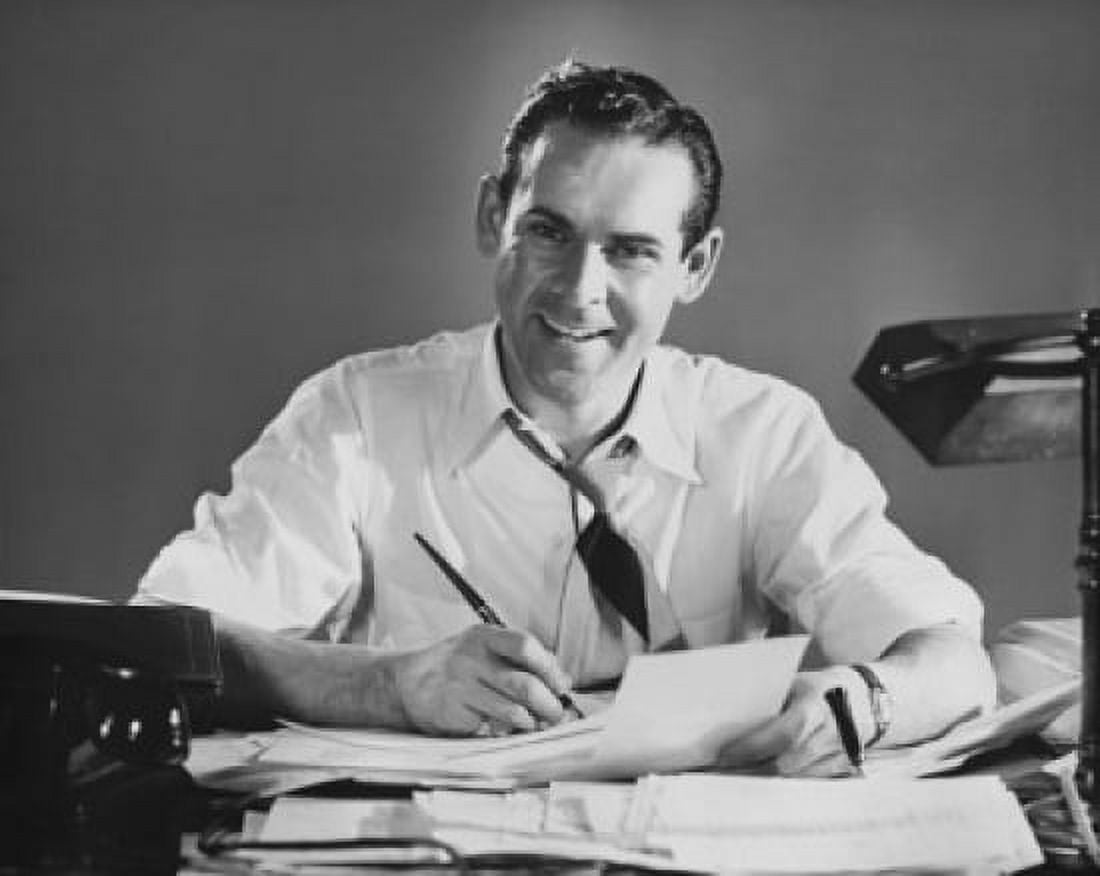 Businessman writing with a pen on documents and smiling Canvas Art - (18 x 24)
