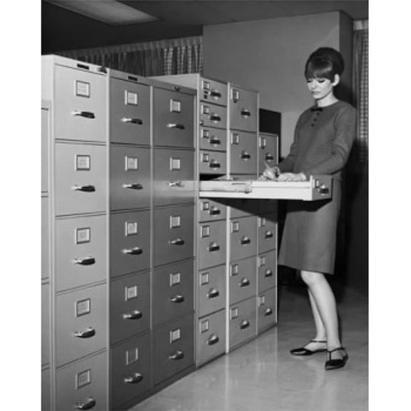 Businesswoman Searching for Files in Filing Cabinet Poster Print - 18 x 24 in.