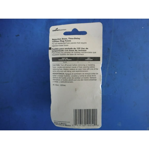 Bussmann BP/SL-20 20 Amp Time Delay Loaded Link Rejection Base Plug Fuse, 125V UL Listed Carded, 3-Pack