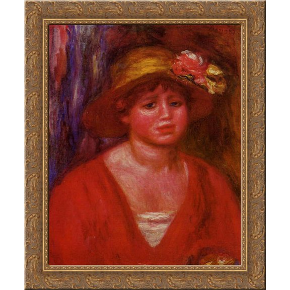 Bust of a Young Woman in a Red Blouse 20x24 Gold Ornate Wood Framed Canvas Art by Renoir, Pierre Auguste