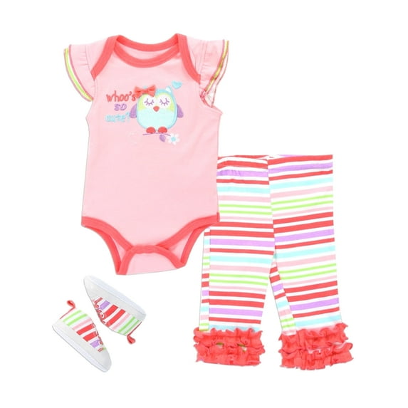 Buster Brown Baby Girls' 3 Piece Bodysuit, Pants and Sneakers Set