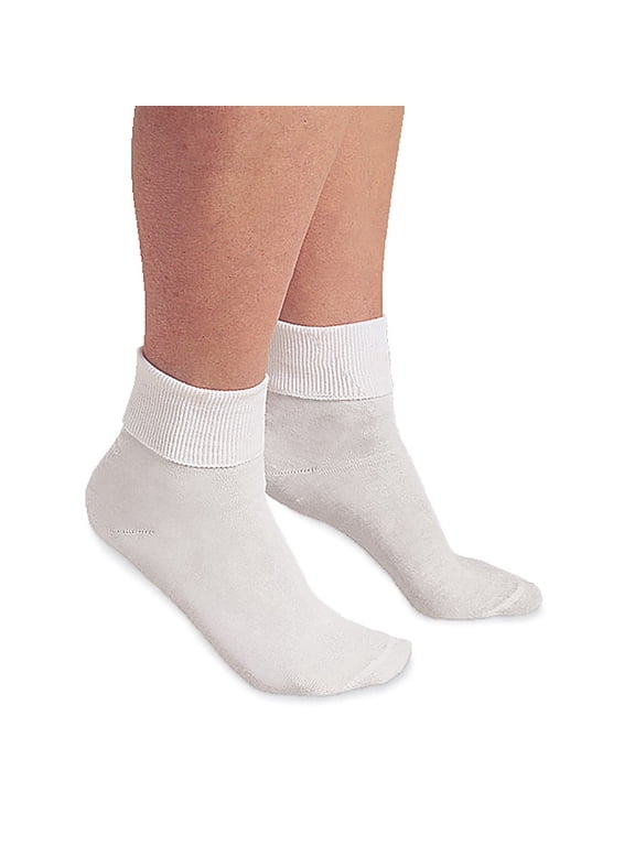 Women's 100% Cotton Socks - 3 Pair Package Fold Over Bobby Socks - White - XL
