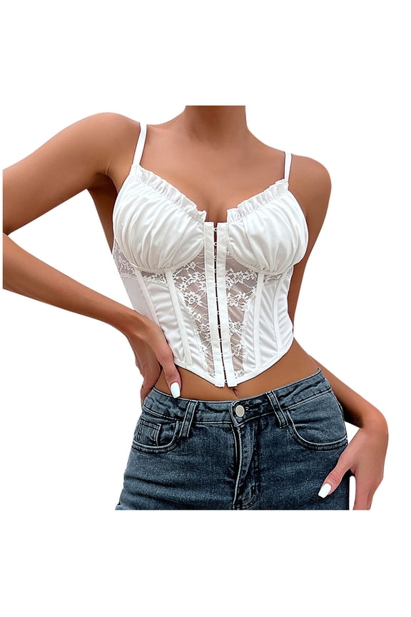Bustier Tops for Women Ruched Sleeveless Corset Shapewear Spaghetti Straps Crop Tops Front Hook and Eye Closure Waist Cinchers Floral Lace Renaissance Corset for Night Out White