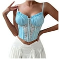 thumbnail image 1 of Bustier Tops for Women Ruched Sleeveless Corset Shapewear Spaghetti Straps Crop Tops Front Hook and Eye Closure Waist Cinchers Floral Lace Renaissance Corset for Night Out Sky Blue, 1 of 9
