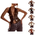 thumbnail image 1 of Bustier Tops for Women Pu Leather Lace Up Deep V Neck Backless Halter Crop Top Rave Outfits, 1 of 5