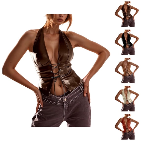 Bustier Tops for Women Pu Leather Lace Up Deep V Neck Backless Halter Crop Top Rave Outfits
