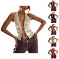 thumbnail image 1 of Bustier Tops for Women Pu Leather Lace Up Deep V Neck Backless Halter Crop Top Rave Outfits, 1 of 3