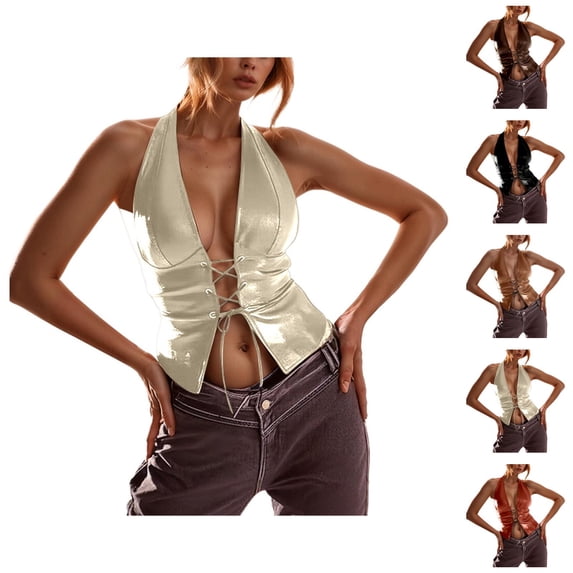 Bustier Tops for Women Pu Leather Lace Up Deep V Neck Backless Halter Crop Top Rave Outfits