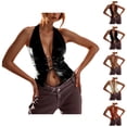 thumbnail image 1 of Bustier Tops for Women Pu Leather Lace Up Deep V Neck Backless Halter Crop Top Rave Outfits, 1 of 5