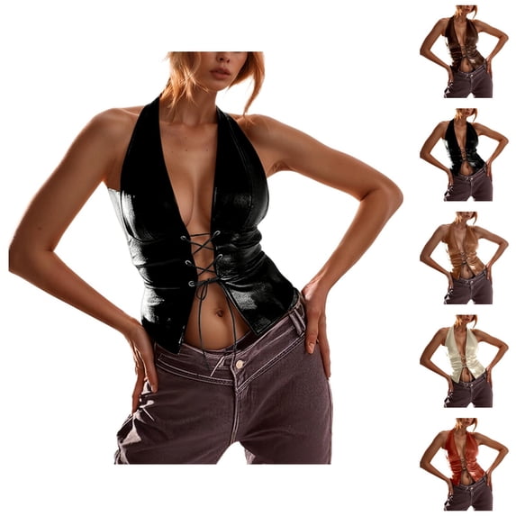 Bustier Tops for Women Pu Leather Lace Up Deep V Neck Backless Halter Crop Top Rave Outfits
