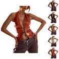 thumbnail image 1 of Bustier Tops for Women Pu Leather Lace Up Deep V Neck Backless Halter Crop Top Rave Outfits, 1 of 3