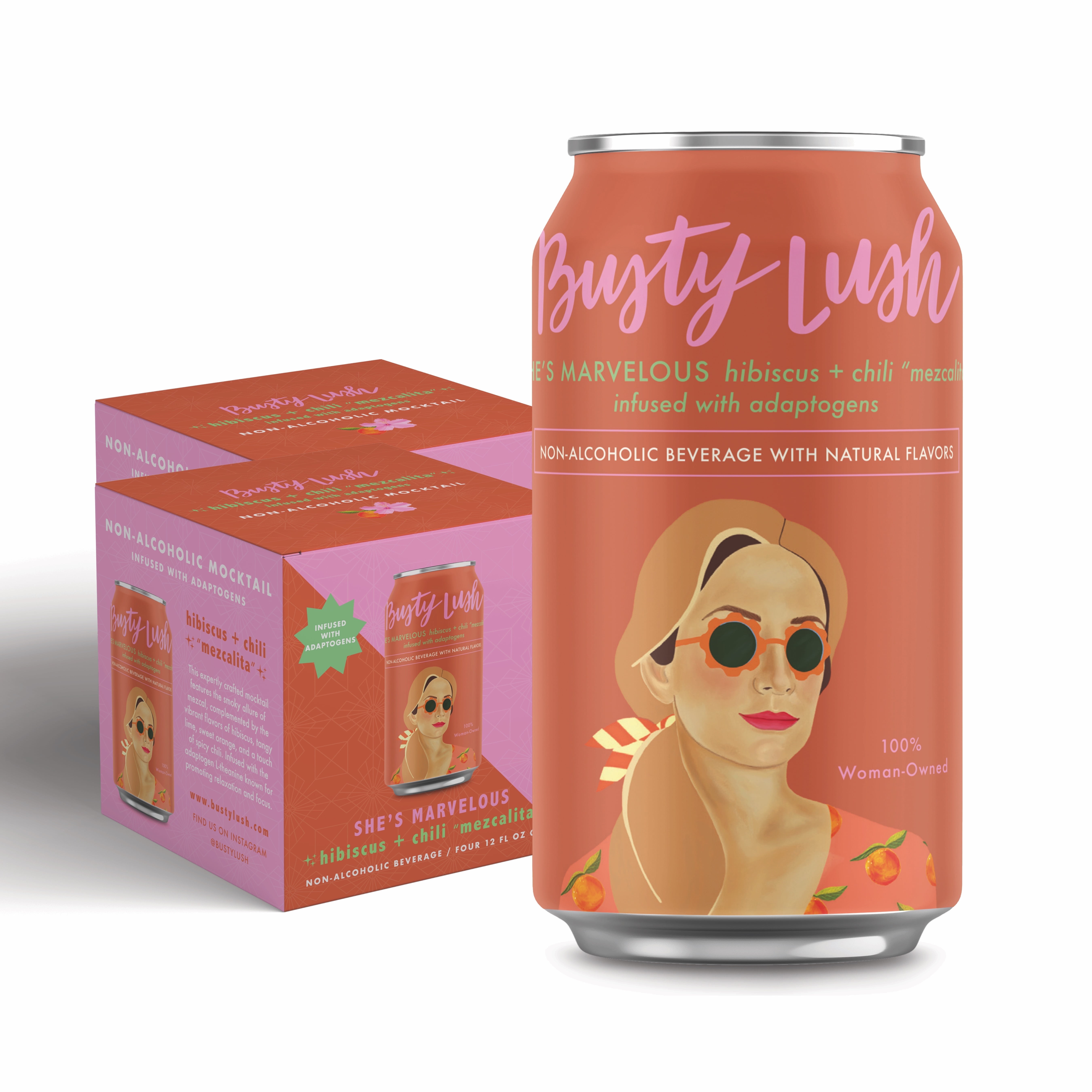 Busty Lush She's Marvelous Non-Alcoholic Mezcalita, Craft Mocktails feat. Alcohol Free Smoky Mezcal, Hibiscus, Fresh Citrus, Spicy Chile and Agave, Infused with L-Theanine, 8 Pack