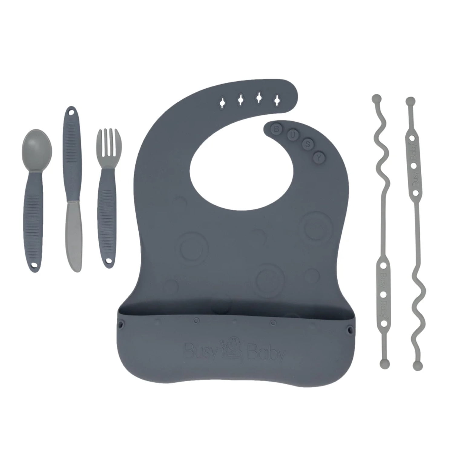 Busy Baby Silicone, BPA-Free Toddler and Baby Bib with Food Catcher, Utensils and Straps, Pewter