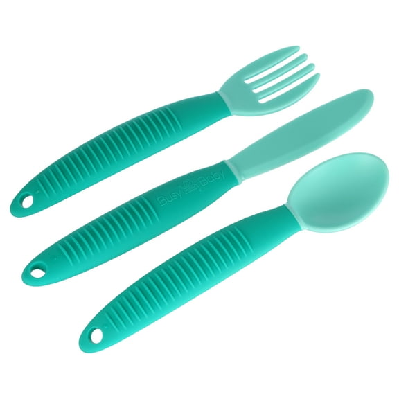 Busy Baby Silicone, BPA-Free Utensils for Babies and Toddlers, Fork, Spoon and Knife Set, Spearmint