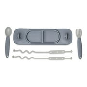 Busy Baby Silicone Mini Mat with Utensils and Toy Straps, for Infant and Toddler, Pewter