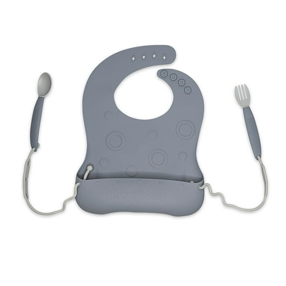 Busy Baby Silicone Toddler and Baby Bib with Food Catcher, Utensils and Utensil Straps, Unisex, Pewter