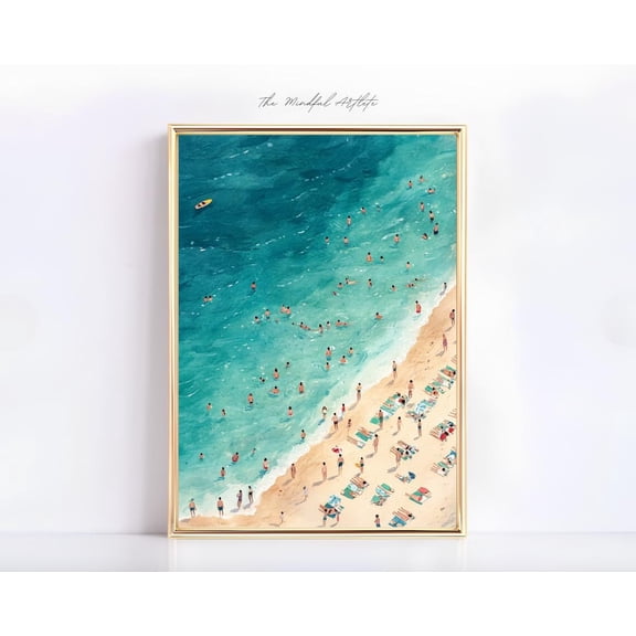 Busy Beach Aerial Ocean Swimming Coastal Summer Tiny People Print, Unframed Paper Print Size 8x12