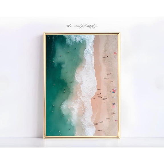 Busy Beach Aerial Ocean Swimming Coastal Summer Tiny People Wall Art Unframed Paper Print