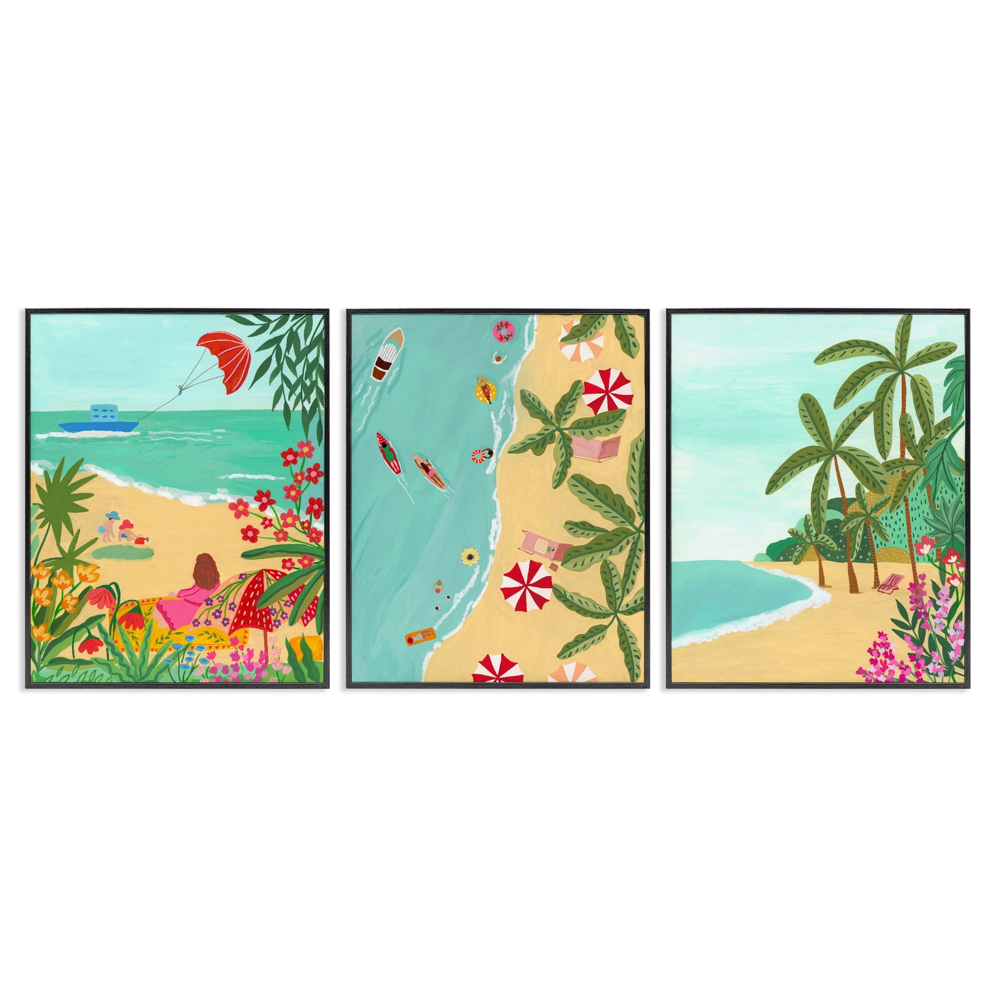 Busy Beach And Flowers 3 Piece Black Framed Giclee Art Set, design by Nabeela Rumi
