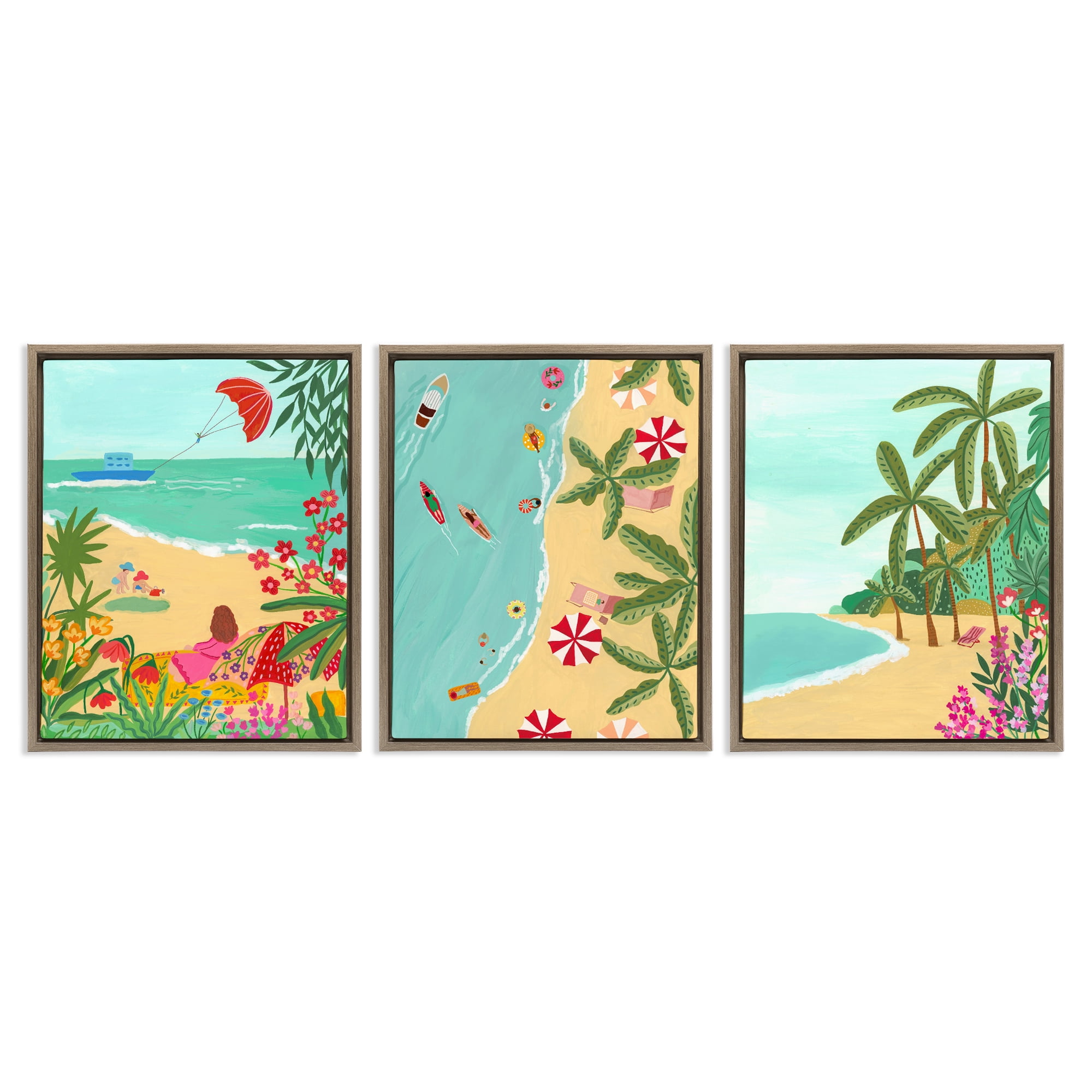 Busy Beach And Flowers 3 Piece Brown Framed Floater Canvas Set, design by Nabeela Rumi