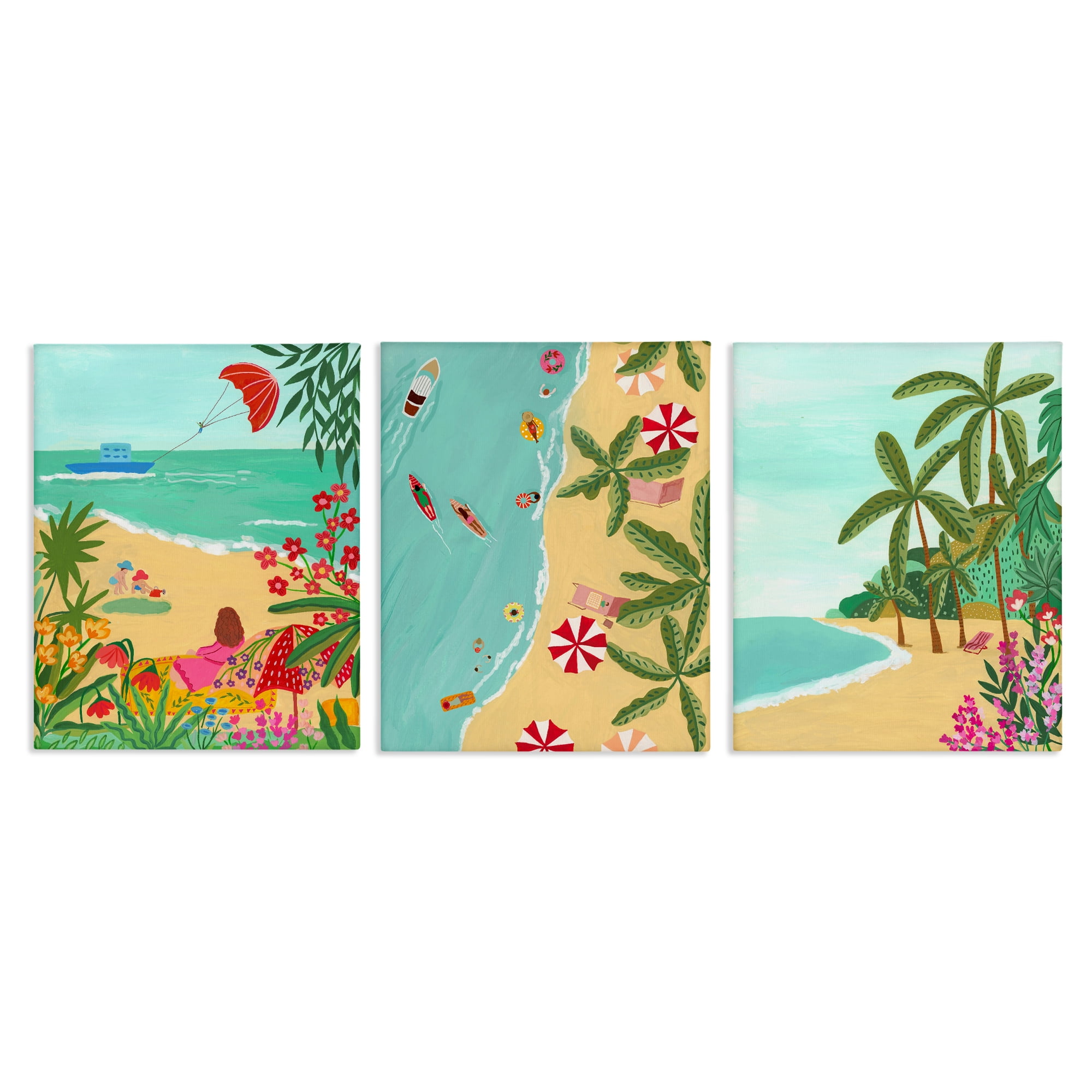 Busy Beach And Flowers 3 Piece Canvas Wall Art Set, design by Nabeela Rumi
