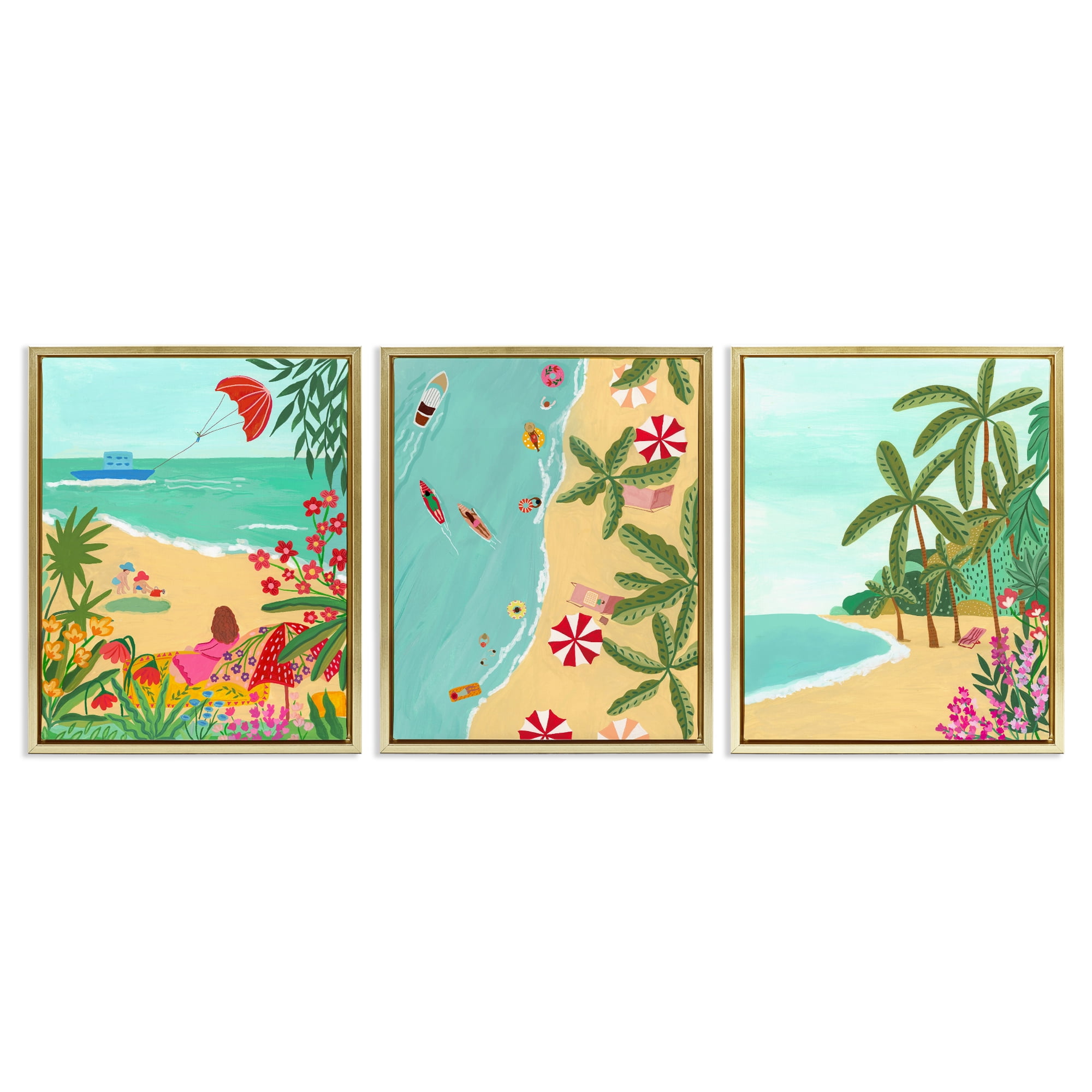 Busy Beach And Flowers 3 Piece Gold Framed Floater Canvas Set, design by Nabeela Rumi