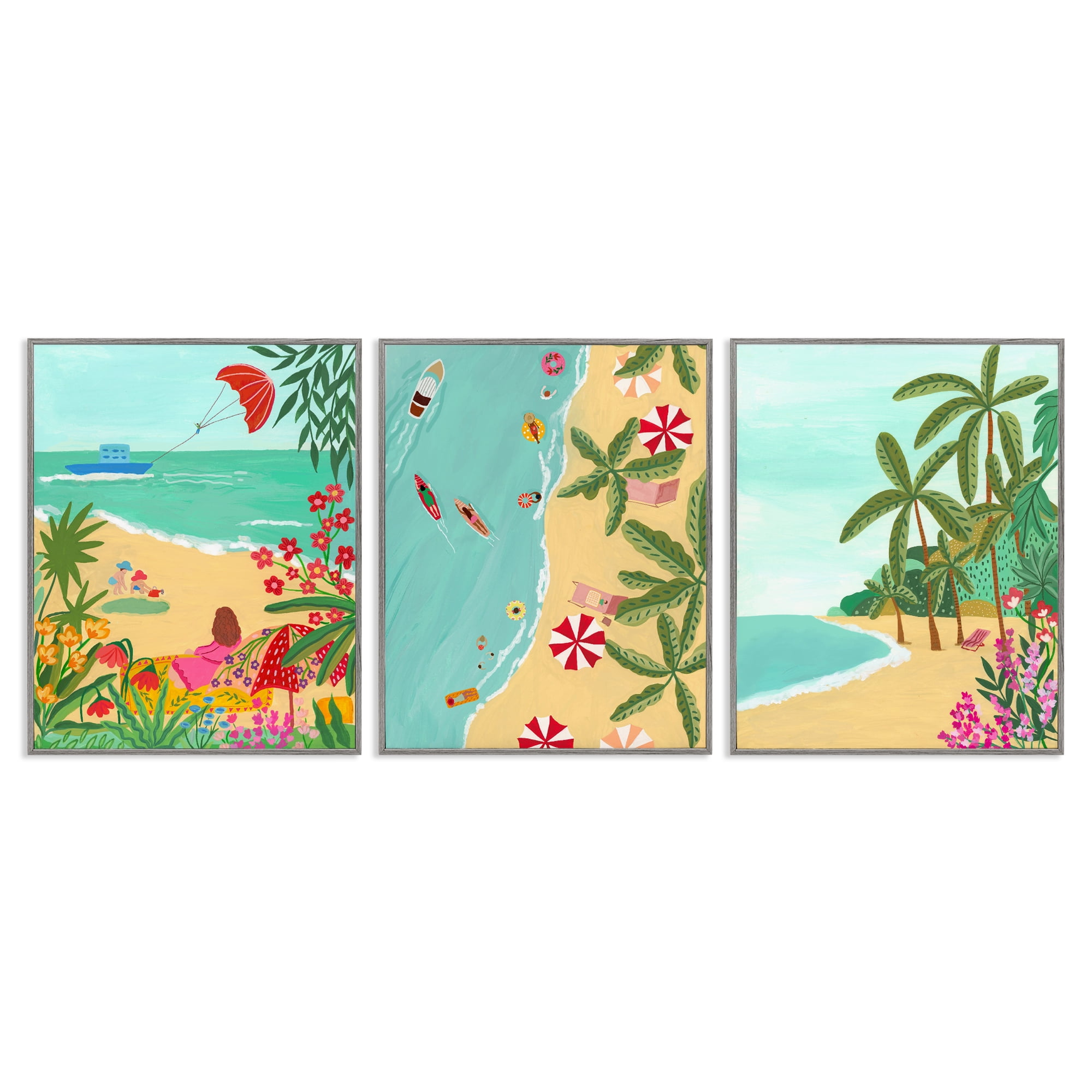Busy Beach And Flowers 3 Piece Gray Framed Giclee Art Set, design by Nabeela Rumi