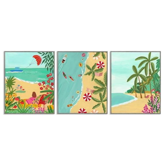 Busy Beach And Flowers 3 Piece Gray Framed Giclee Art Set, design by Nabeela Rumi