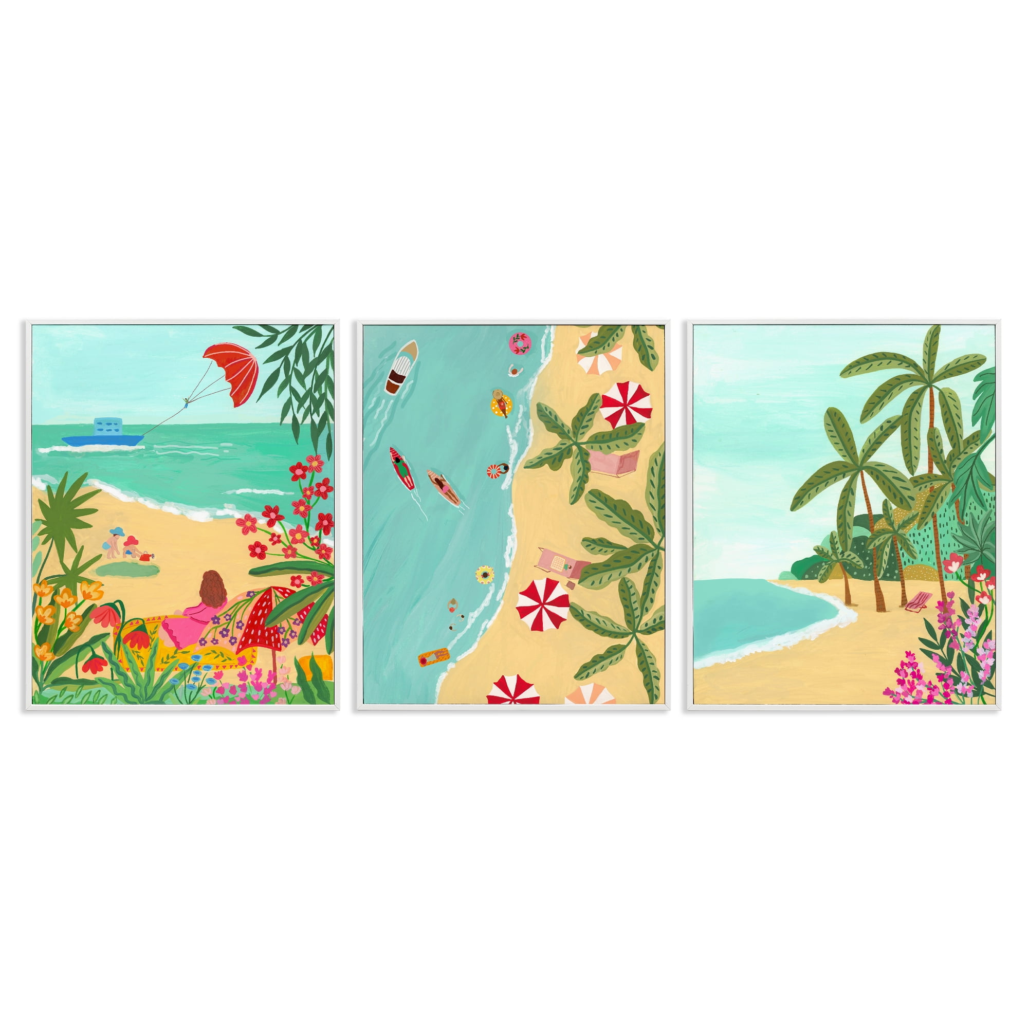 Busy Beach And Flowers 3 Piece White Framed Giclee Art Set, design by Nabeela Rumi