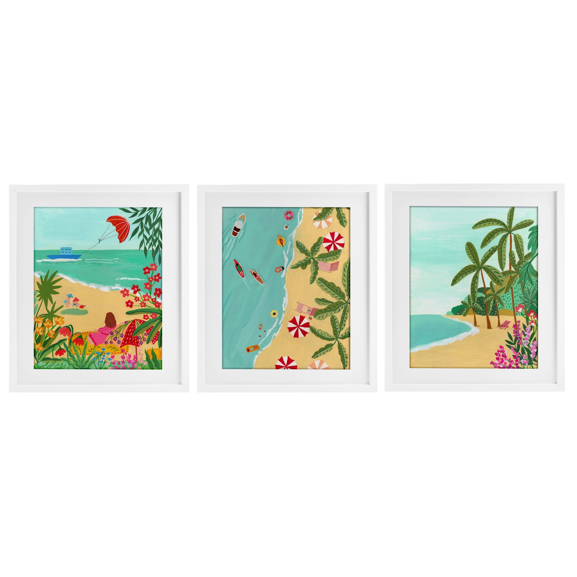Busy Beach And Flowers 3 Piece White Framed Print Under Glass Set, design by Nabeela Rumi