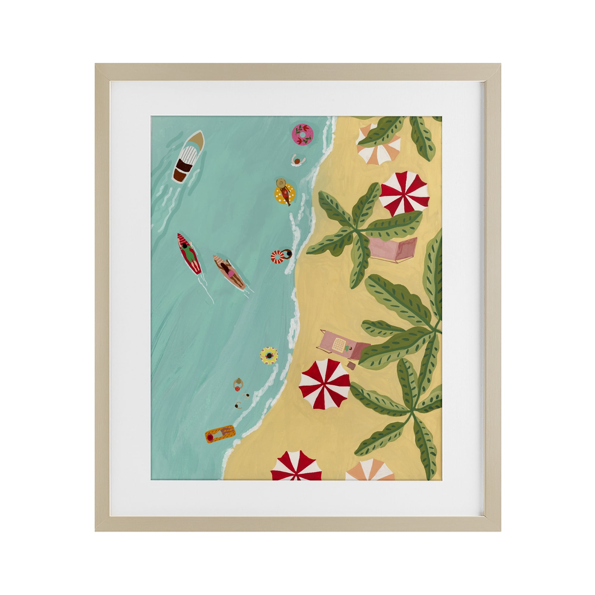 Busy Beach Day Hangout Birch Framed Print Under Glass, design by Nabeela Rumi