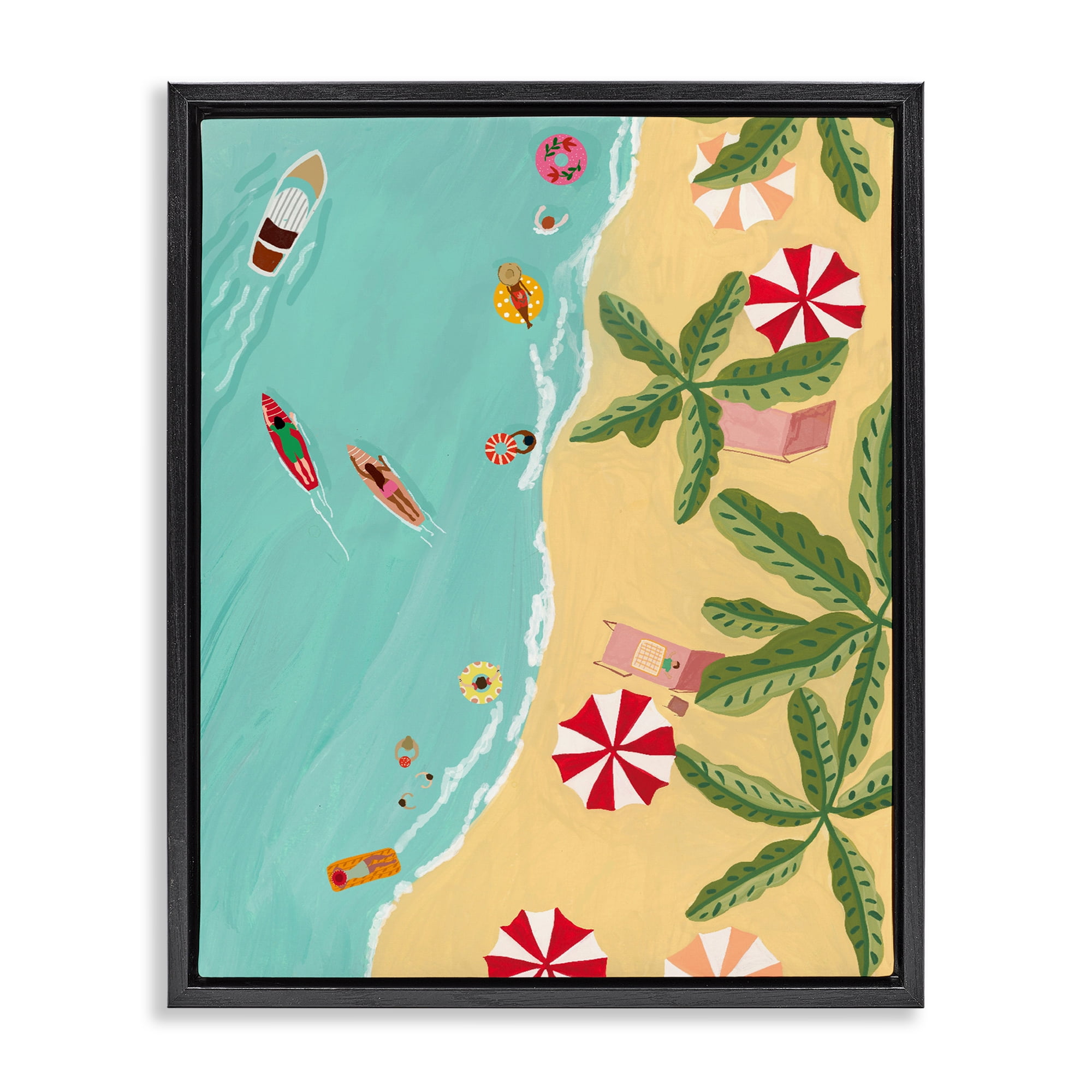 Busy Beach Day Hangout Black Framed Floater Canvas Wall Art, design by Nabeela Rumi
