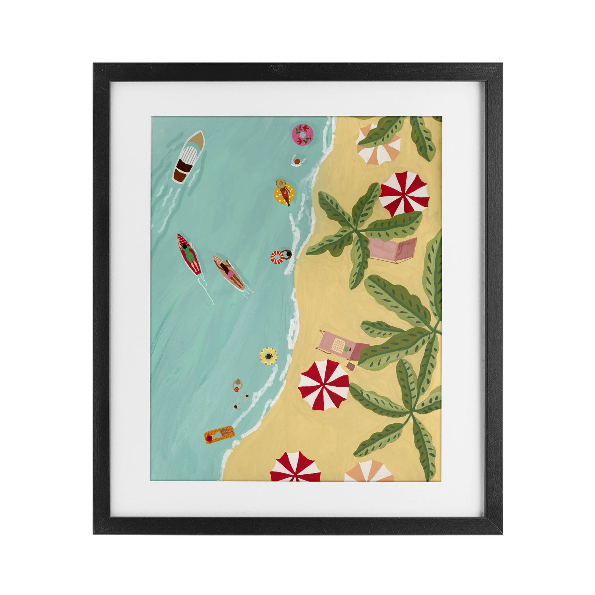 Busy Beach Day Hangout Black Framed Print Under Glass, design by Nabeela Rumi