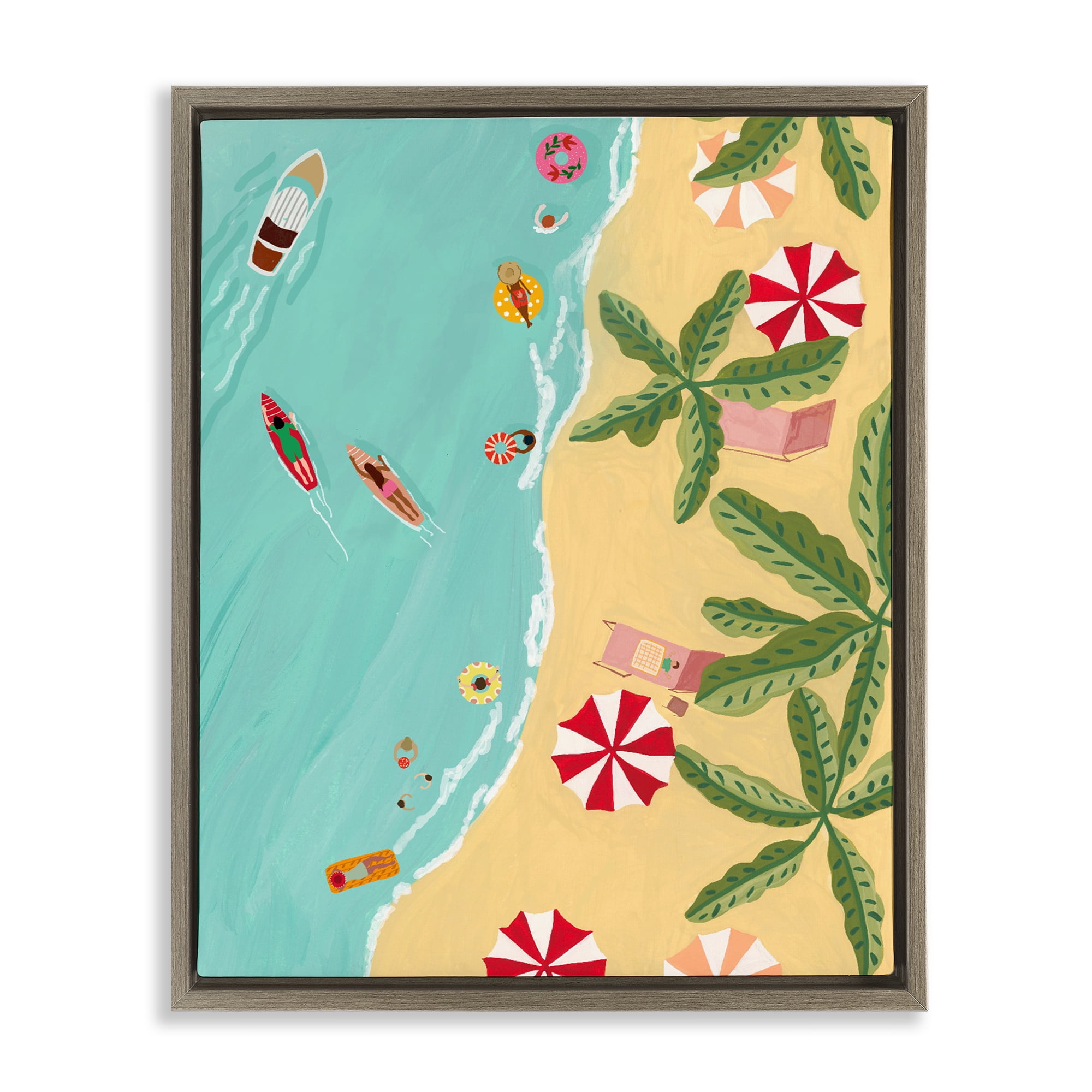 Busy Beach Day Hangout Brown Framed Floater Canvas Wall Art, design by Nabeela Rumi