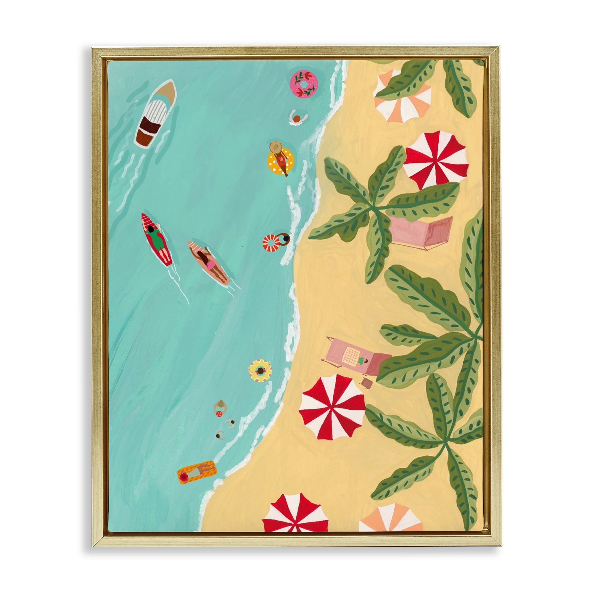 Busy Beach Day Hangout Gold Framed Floater Canvas Wall Art, design by Nabeela Rumi