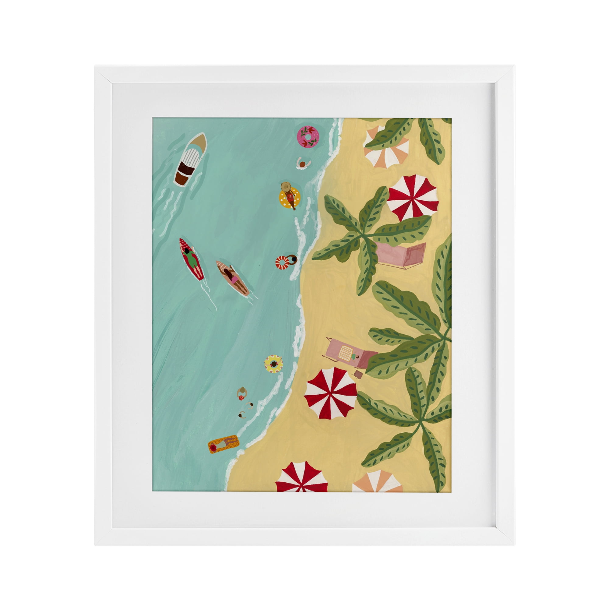 Busy Beach Day Hangout White Framed Print Under Glass, design by Nabeela Rumi