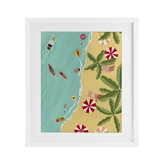 Busy Beach Day Hangout White Framed Print Under Glass, design by Nabeela Rumi