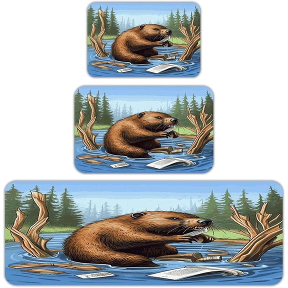 Busy Beaver Cartoon Kitchen Rugs Sets of 3 Washable Kitchen Mats for Floor Non Slip Soft Kitchen Area Rug Anti Fatigue Kitchen Mats Farmhouse Kitchen Rugs for Laundry Desk Office