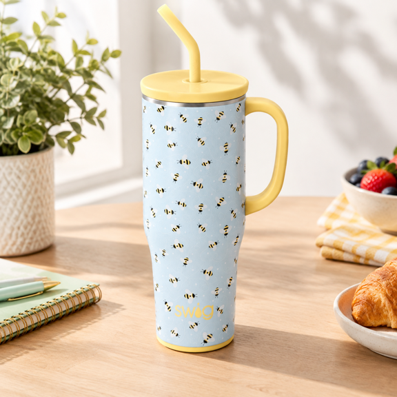 Busy Bee 40 Ounces Insulated Stainless Steel Tumbler with Handle and Straw